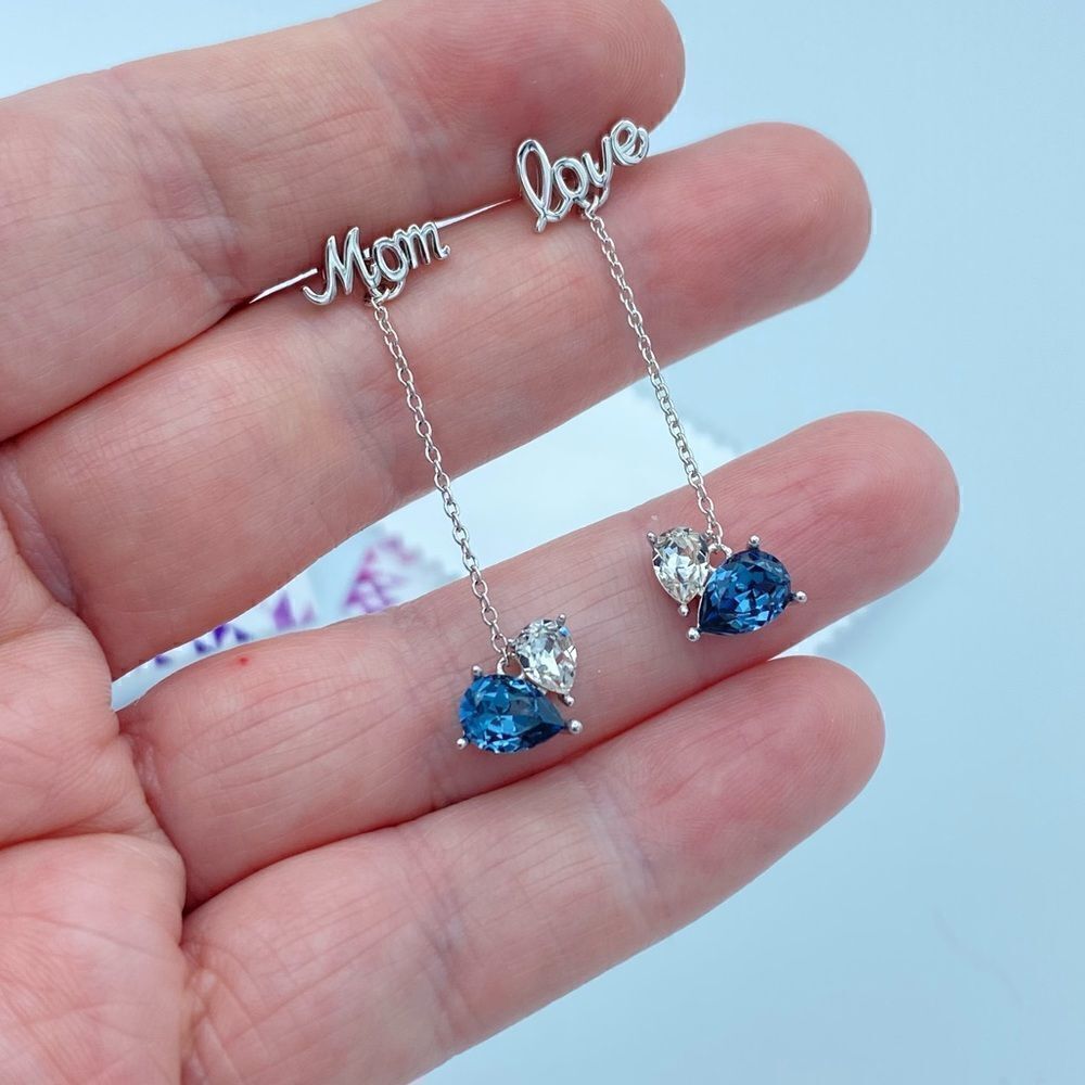 I Love You Mom Sterling Silver Simulated Sapphire Drop Earrings